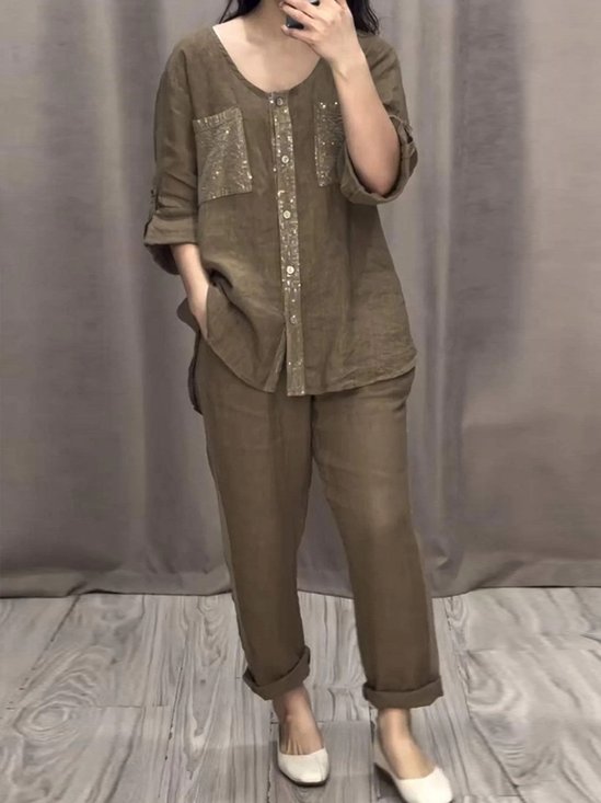 Casual V Neck Two-Piece Set