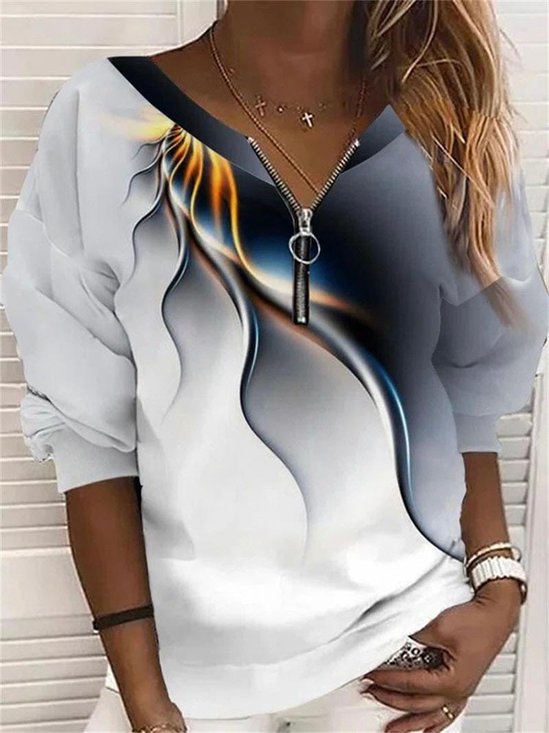 Crew Neck Casual Zipper Ombre Sweatshirt
