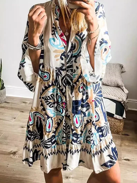 Regular Fit Ethnic Casual V Neck Dress With No