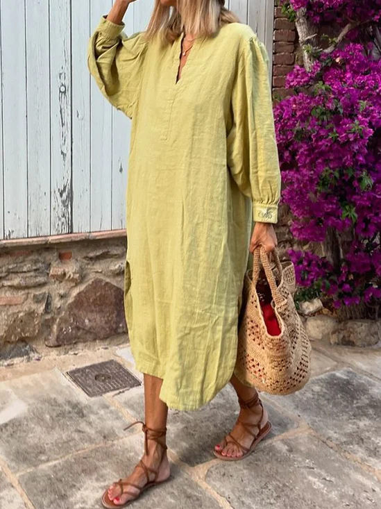 Plain Regular Fit Casual V Neck Dress With No