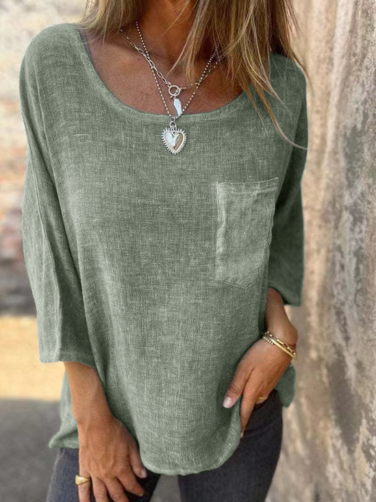 Casual Plain Cotton And Linen Blouse
