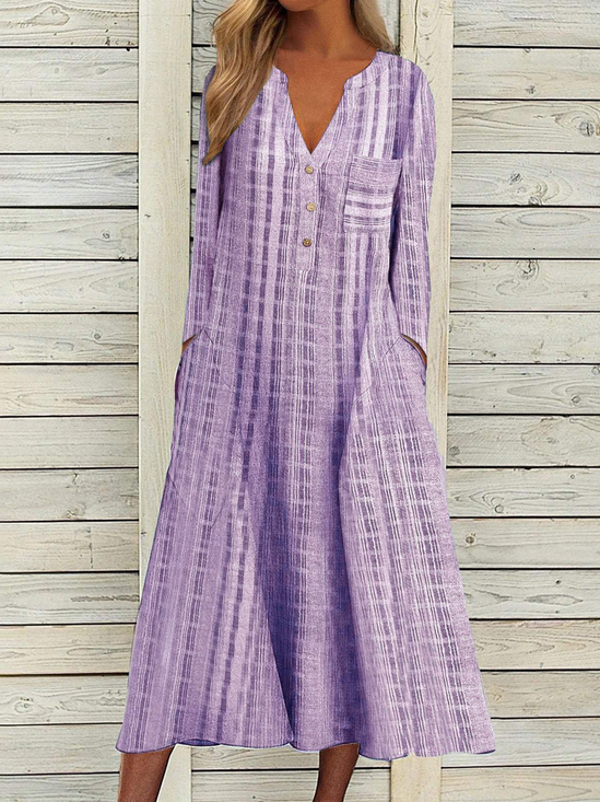 V Neck Cotton And Linen Casual Dress With No