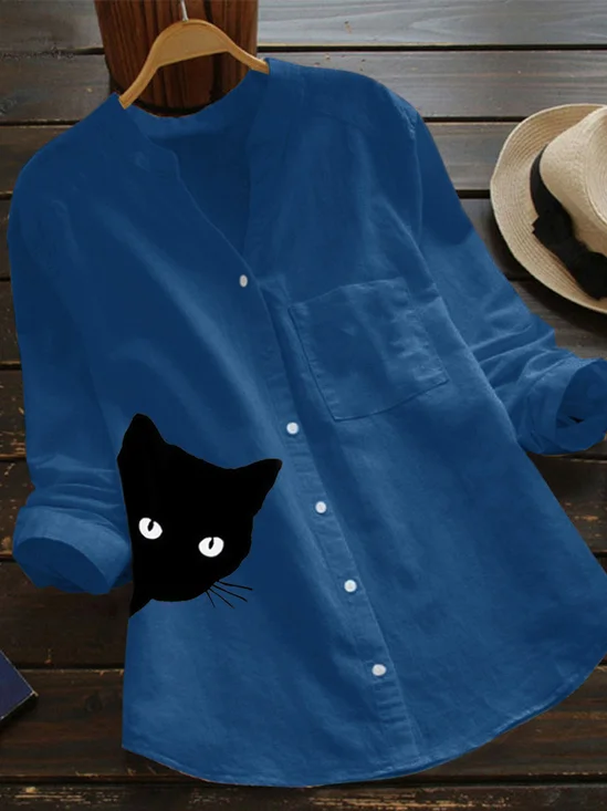Casual Cotton And Linen V Neck Loose Blouse
