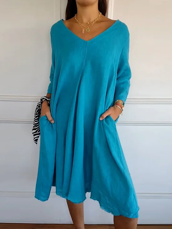 Plain Casual V Neck Dress With No