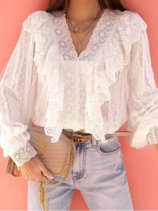 V Neck Lace Casual Plain Blouse