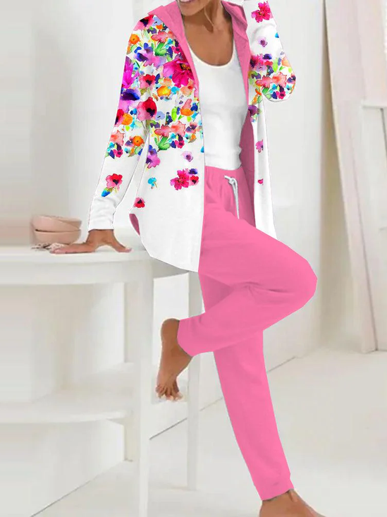 Casual Loose Hoodie Floral Two-Piece Set