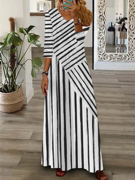 Casual Jersey Striped V Neck Dress With No