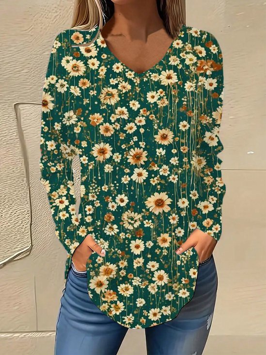 Casual V Neck Floral Early Autumn Blouse