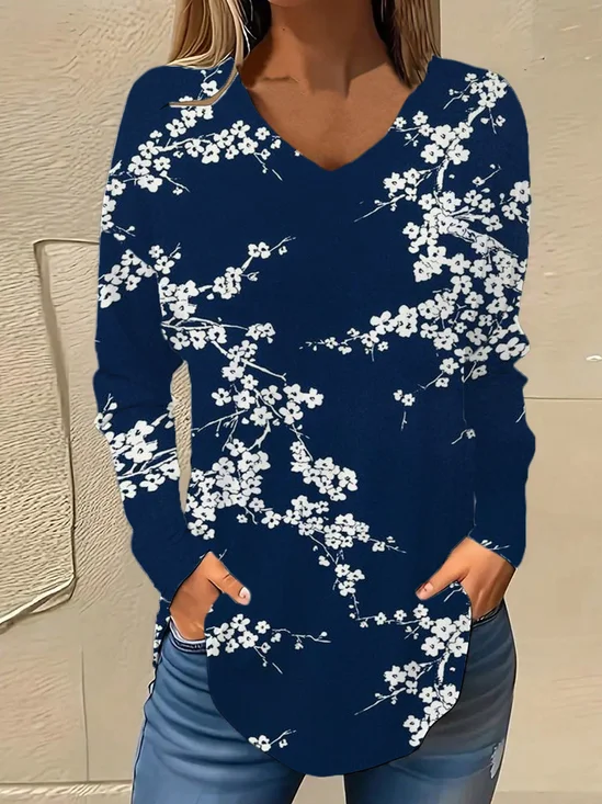 Casual V Neck Floral Early Autumn Blouse