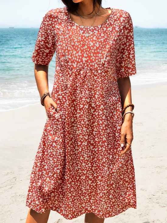 Pockets Round Neck Loosen Midi