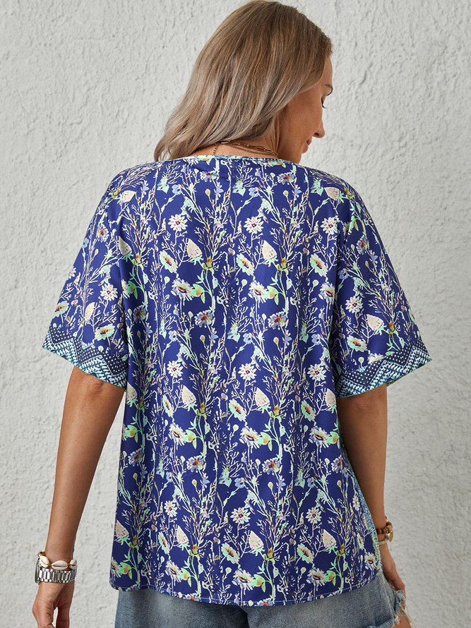 Floral Casual Loose V Neck Top