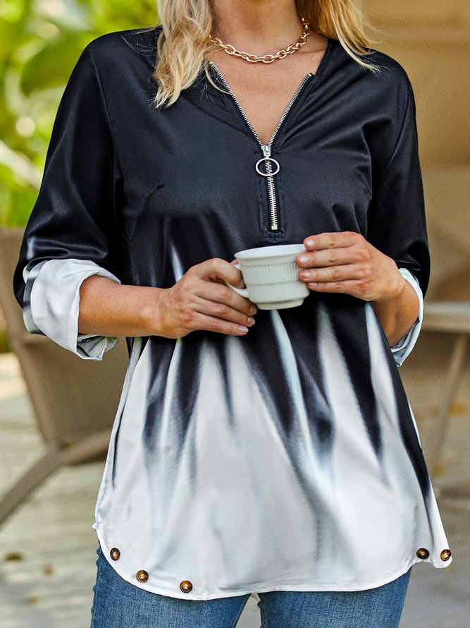 Abstract Autumn Casual Lightweight No Elasticity Polyester fibre Three Quarter H-Line Shirt Collar Blouse for Women