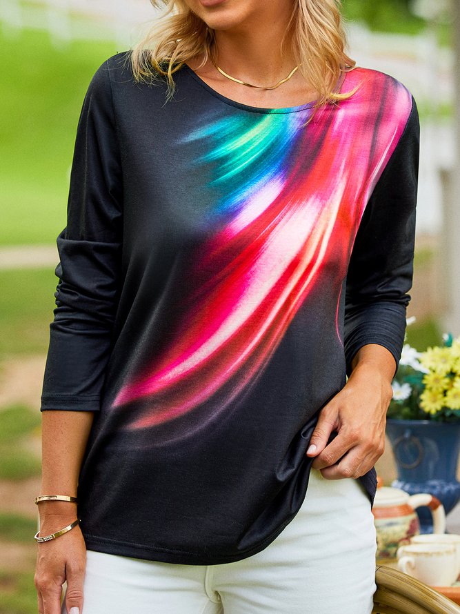 Women Summer Gradient Pattern Casual Cotton Daily Standard Long sleeve Fit Regular T-shirt
