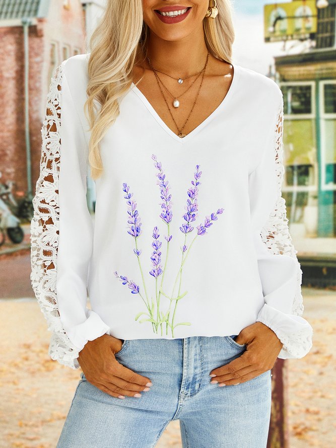 Casual v-neck lavender print lace stitching top