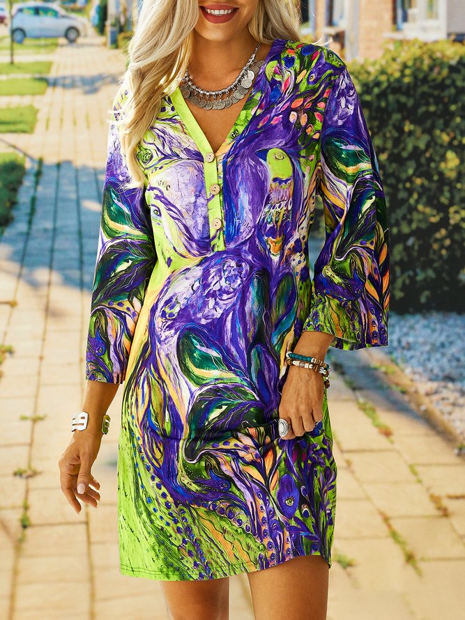 V Neck Shift 3/4 Sleeve Holiday Knitting Dress