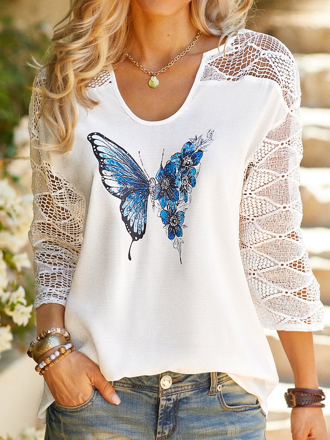 Butterfly Long Sleeve Casual V Neck Top
