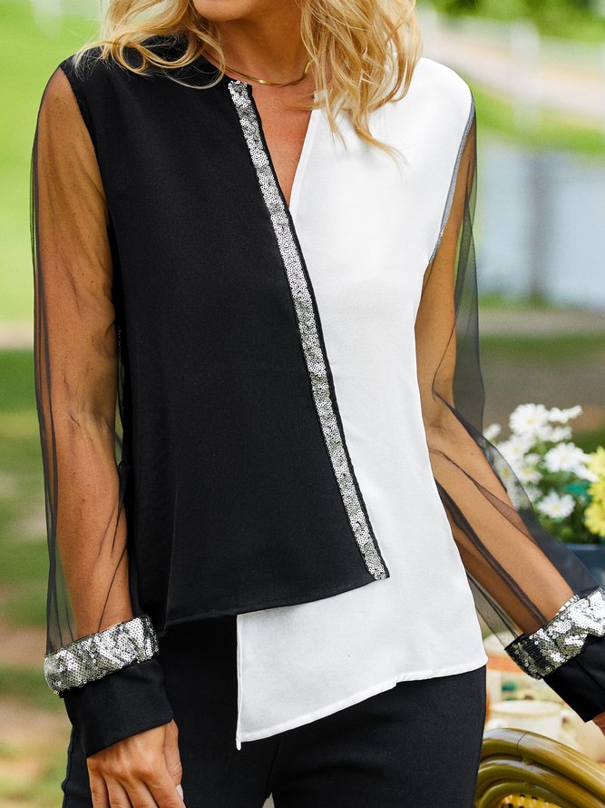 Color Block Summer Casual Irregular Craftsmanship Lightweight Daily Long sleeve Regular H-Line Blouse for Women