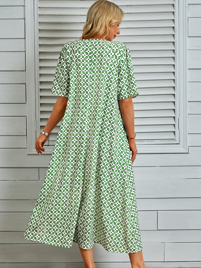 Loose Polyester Fibre Geometric Boho V Neck Midi