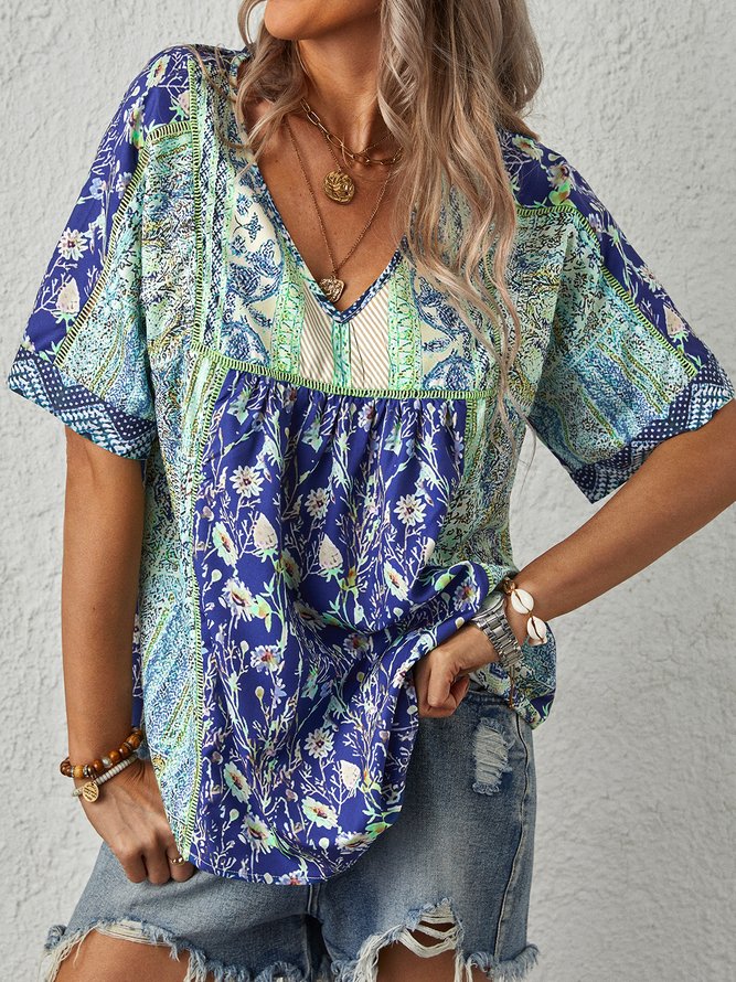 Floral Casual Loose V Neck Top