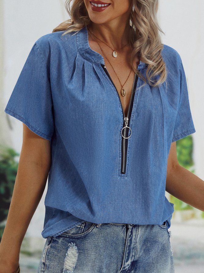 Casual Solid V Neck Loose Top
