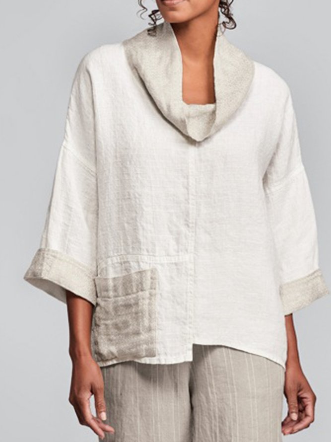 Plus Size Irregular Color Block Linen Women Blouses au_noracora