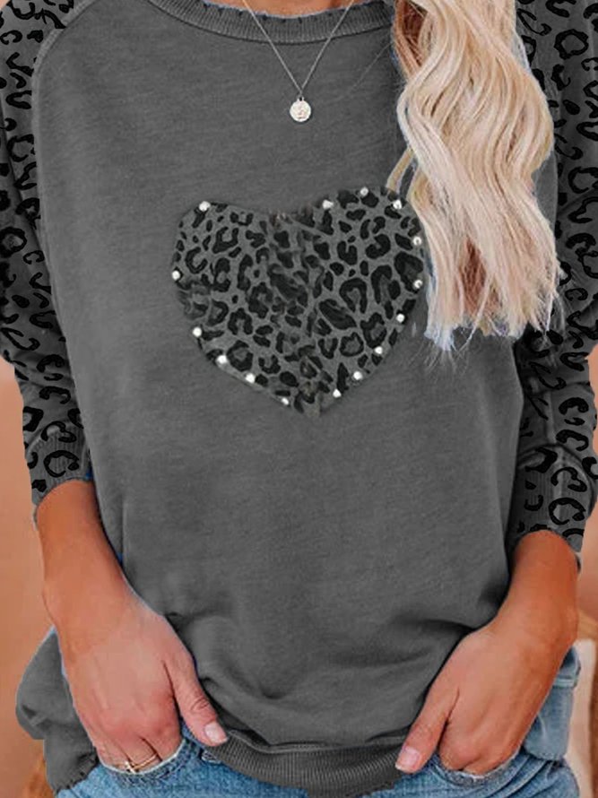 Leopard Cotton Casual Crew Neck Auto-Clearance