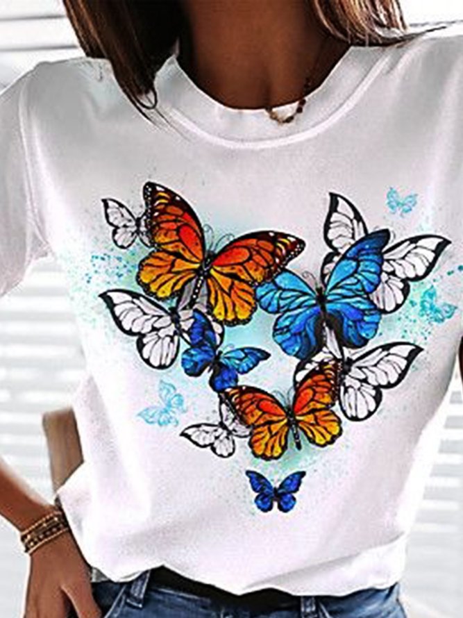 Casual Butterfly Round Neck T-Shirts