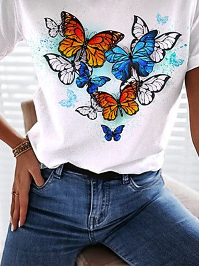 Casual Butterfly Round Neck T-Shirts