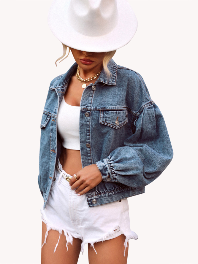 Denim Casual Puff Sleeve Plain Shawl Collar Jacket