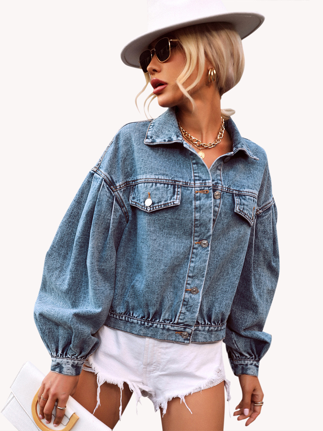 Denim Casual Puff Sleeve Plain Shawl Collar Jacket