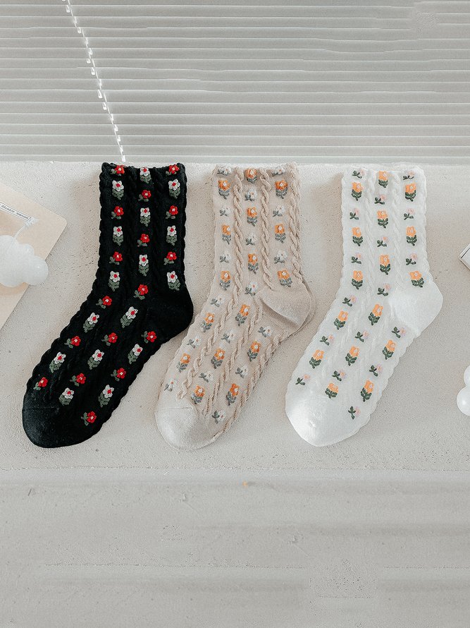 3 Pairs Set Vintage Embroidered Flower Socks