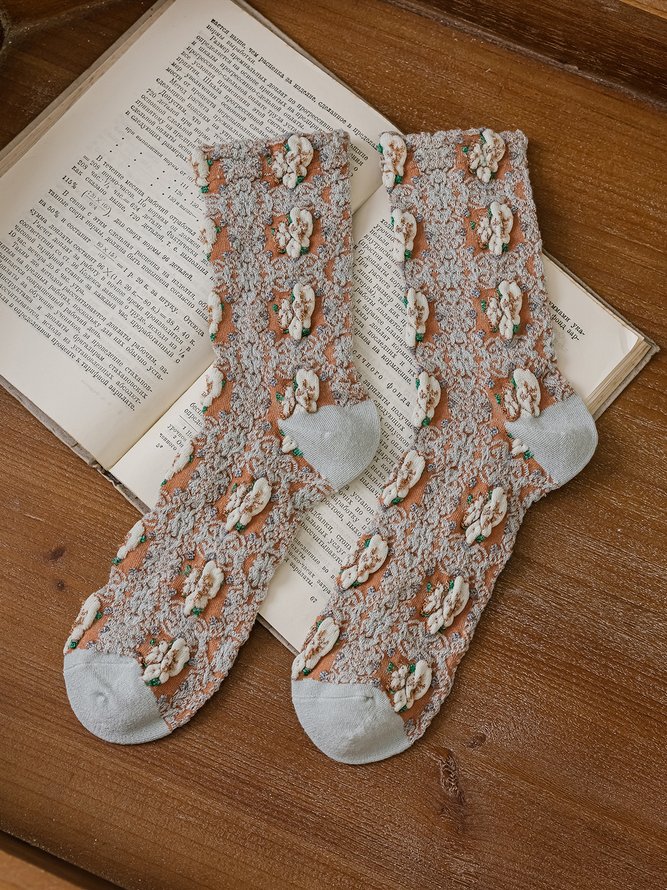 3 Pairs Of Literary Retro Striped Floral Socks
