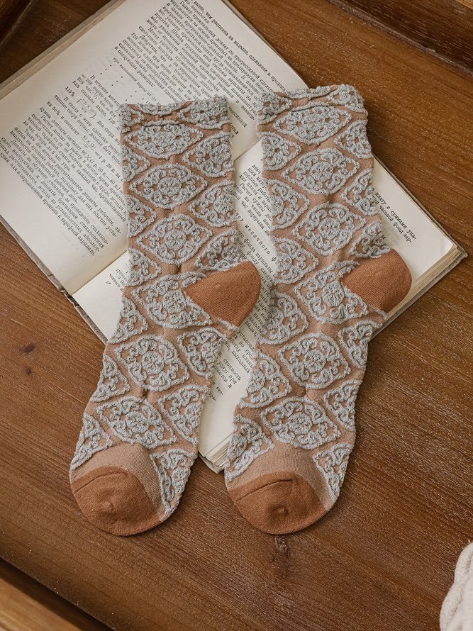 3 Pairs Of Literary Retro Striped Floral Socks