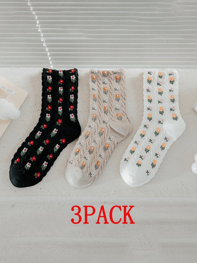 3 Pairs Set Vintage Embroidered Flower Socks
