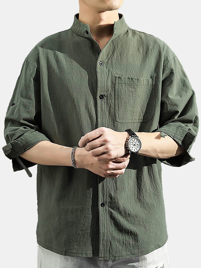 Plain Cotton And Linen Three Quarter Men-Shirts