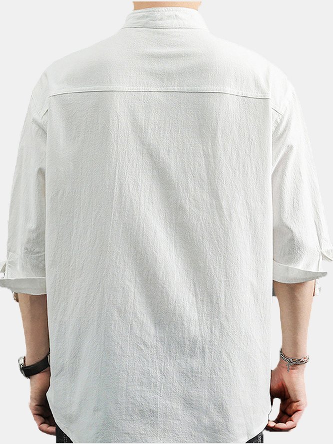 Plain Cotton And Linen Three Quarter Men-Shirts