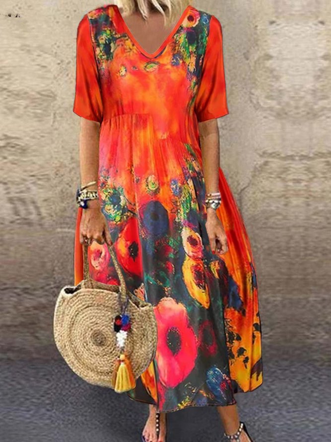 Casual V Neck Floral Maxi