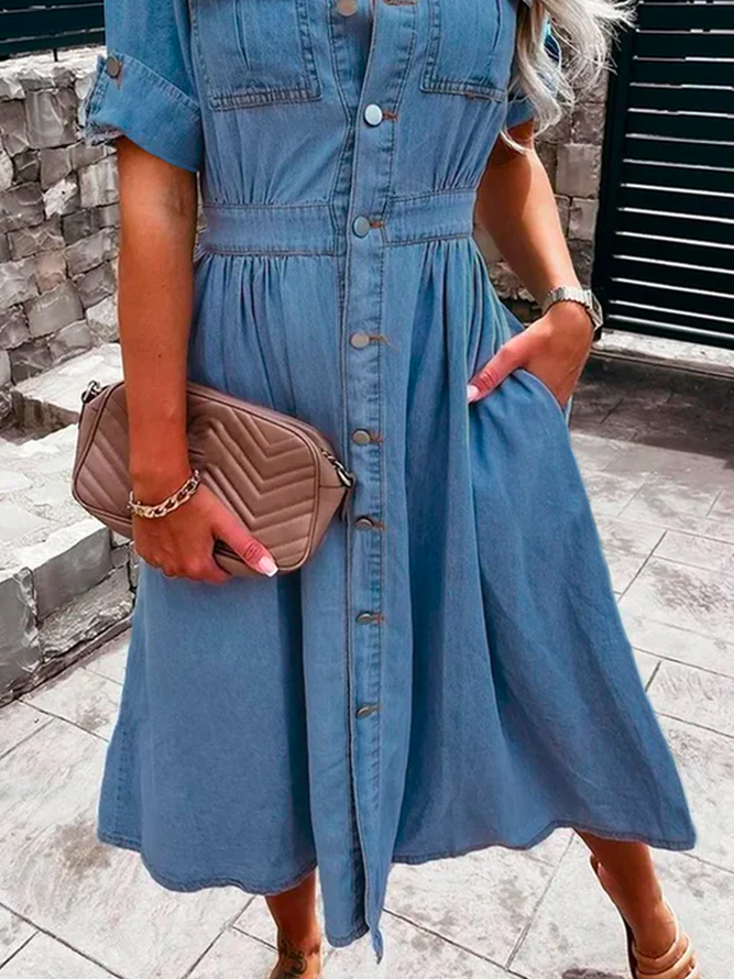 Denim Shirt Collar Solid Short sleeve Woven Dress