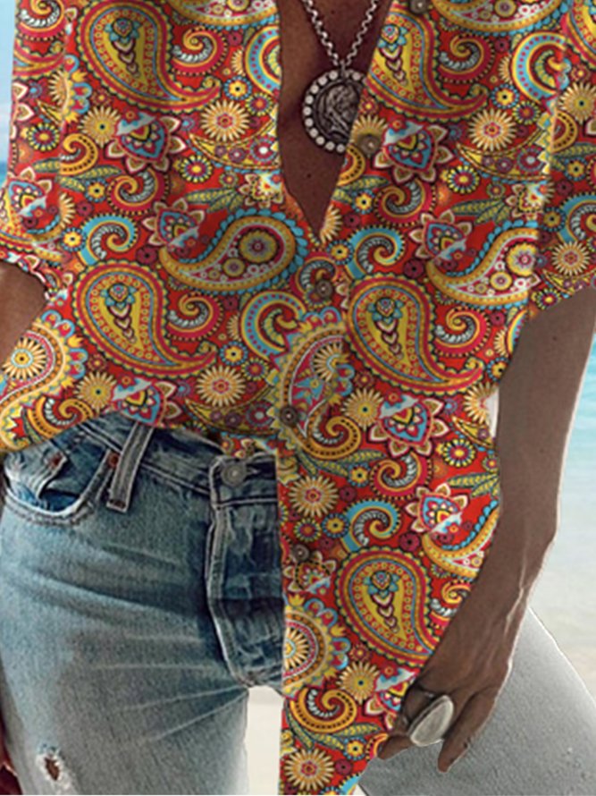 Casual Buttoned Paisley Loosen Blouses