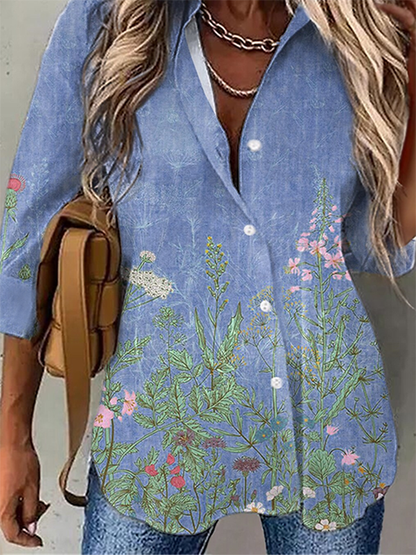 Floral Shirt Collar Loose Blouses