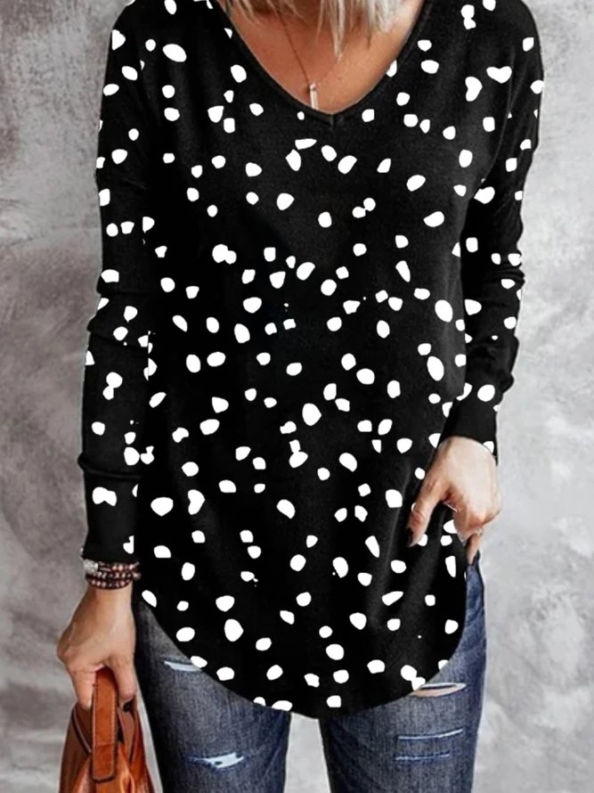 Casual Loose V Neck Polka Dots T-shirt