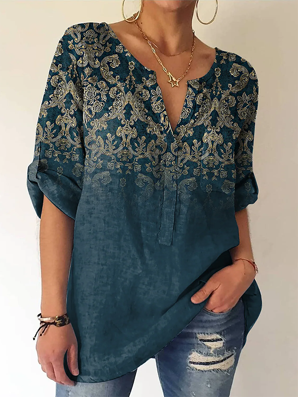 Loose Ethnic V Neck Top