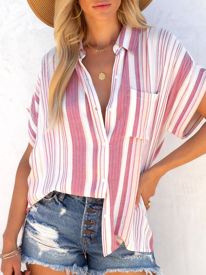 Striped Loose Shirt Collar Blouses