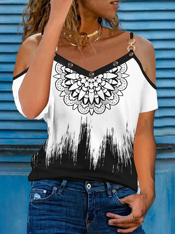 Casual Floral Summer V neck Micro-Elasticity Daily Hot List Regular H-Line Top for Women