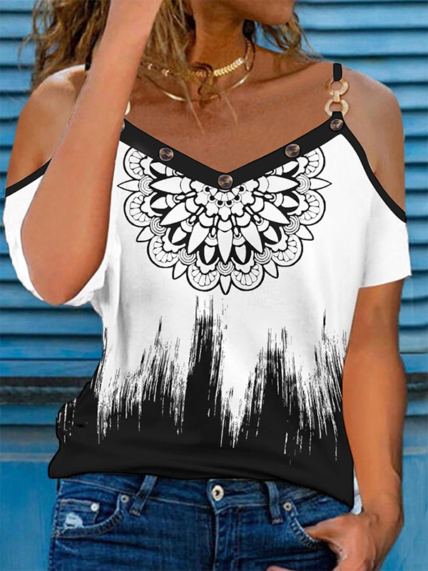 Casual Floral Summer V neck Micro-Elasticity Daily Hot List Regular H-Line Top for Women