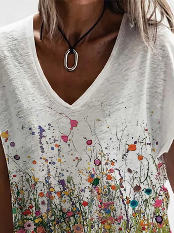 Women Casual Floral Summer Lightweight Micro-Elasticity Daily Knitted Fabric Short sleeve H-Line T-shirt