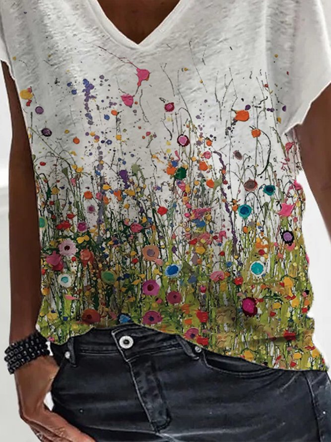 Women Casual Floral Summer Lightweight Micro-Elasticity Daily Knitted Fabric Short sleeve H-Line T-shirt