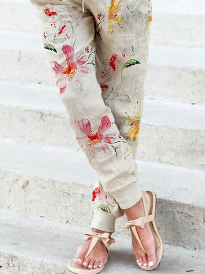 Casual Floral Autumn Polyester Natural Micro-Elasticity Long H-Line Regular Size Casual Pants for Women