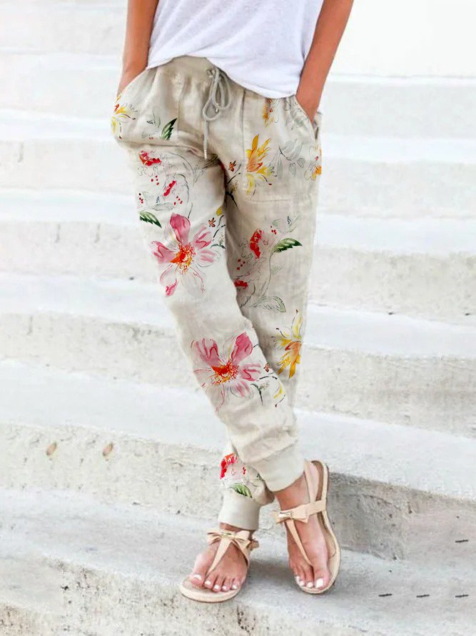 Casual Floral Autumn Polyester Natural Micro-Elasticity Long H-Line Regular Size Casual Pants for Women