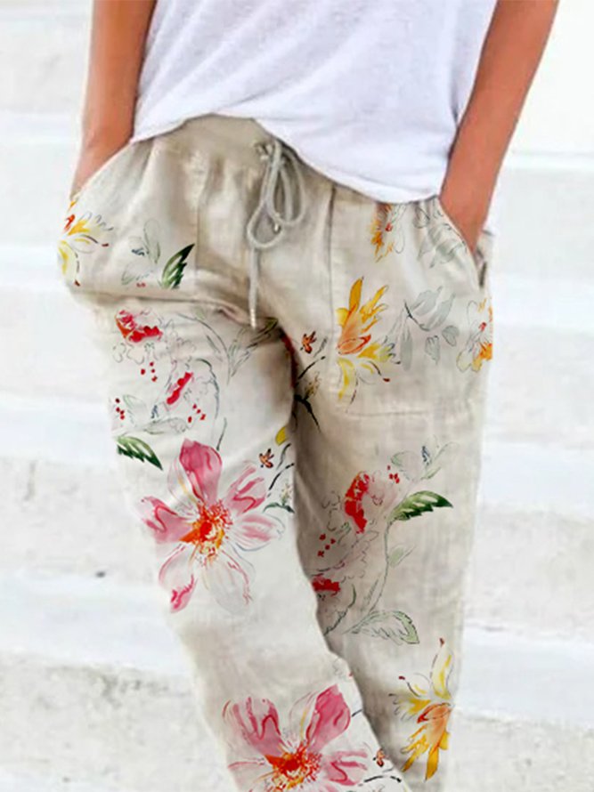 Casual Floral Autumn Polyester Natural Micro-Elasticity Long H-Line Regular Size Casual Pants for Women